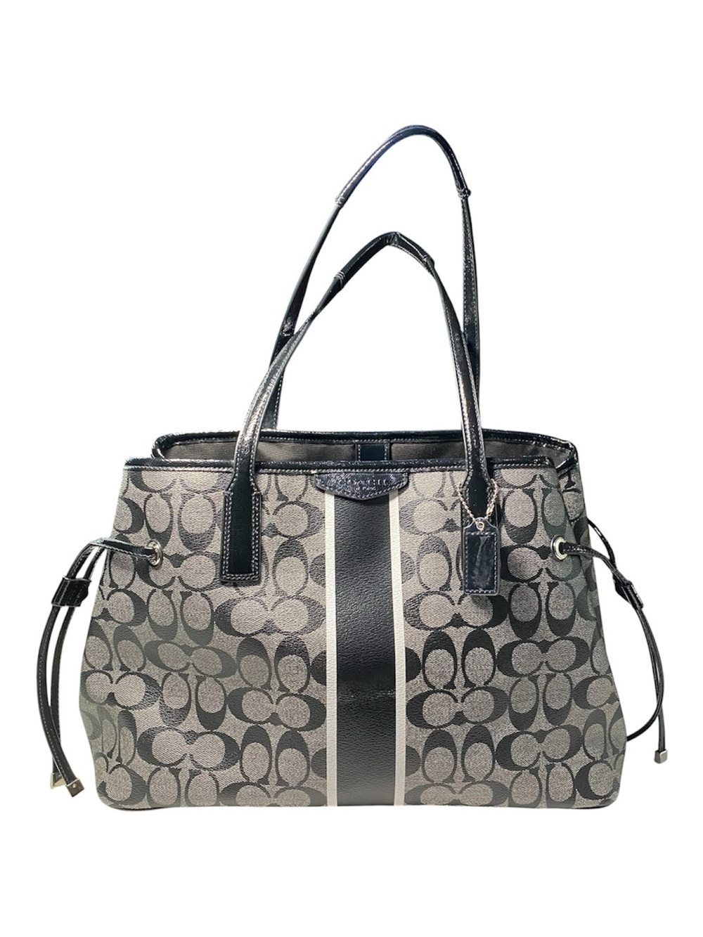 Coach Signature Stripe Carryall Drawstring Shoulder Bag Grey Black Coated Canvas